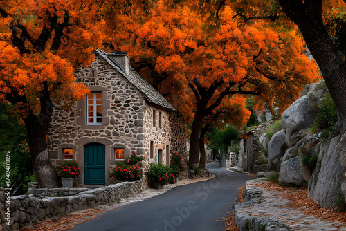 Autumn Serenity in Countryside Village with Stone Cottage and Vibrant Foliage