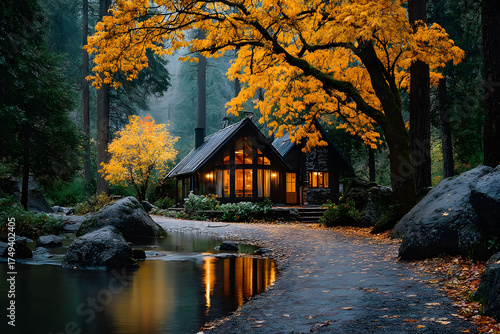 Serene Autumn Cabin Retreat by a Tranquil Forest Stream for Peaceful Escapes