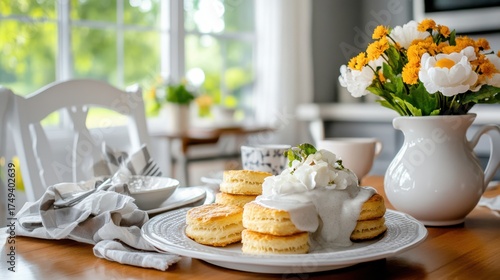 Wallpaper Mural Elegant Biscuits and Gravy Breakfast Scene with Flowers, White Table Setting, Southern Comfort Food, Bright Kitchen, Homemade, Close-up Torontodigital.ca