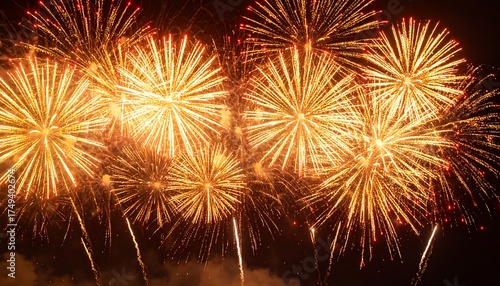 A night sky lit with bursts of brilliant, golden fireworks. They explode in various shapes, creating a radiant display