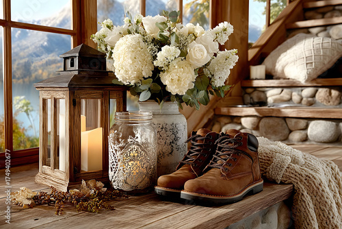 Cozy Rustic Retreat with Lantern, Flowers, and Boots by a Lakefront Cabin