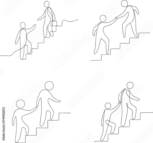 figures helping each other climb stairs representing teamwork and support