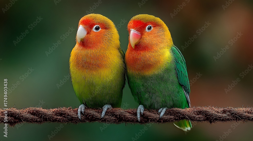 Fototapeta premium Two lovebirds perched together on a branch surrounded by lush greenery in a rainforest setting