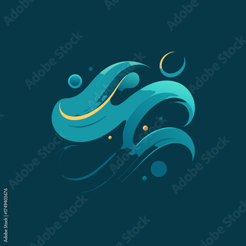 Abstract flowing blue and gold wave shape with subtle circular elements.