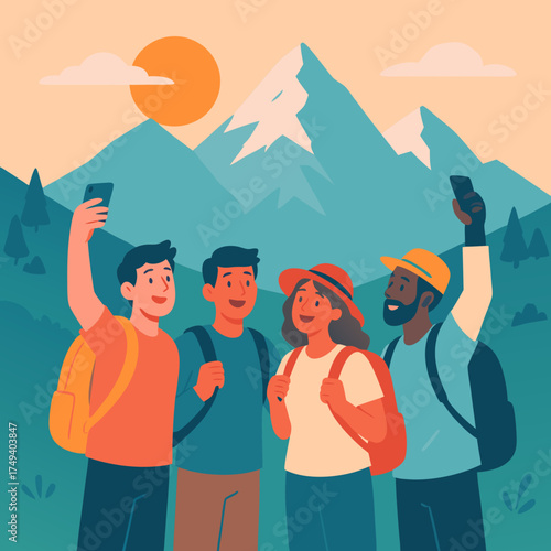 Diverse Group of Friends Taking Selfies While Hiking in the Mountains.