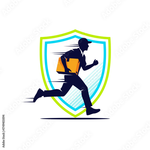 Fast Delivery Man Running with Package in Front of a Shield.
