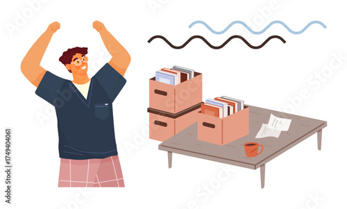 Man rejoicing with raised arms, stacked boxes filled with books, scattered papers, and a cup on a desk. Ideal for themes thumbs up success, organization, productivity, moving, teamwork planning