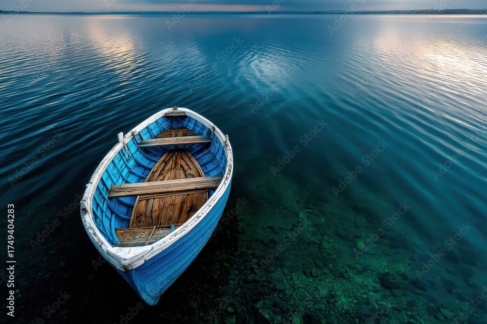 Obraz premium Blue and White Wooden Boat on Calm Lake at Sunset