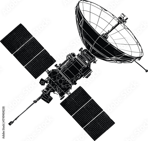Communication satellite silhouette vector icon on white background