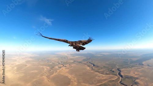 An eagle flying high above a desert landscape