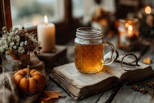 Cozy Autumn Reading Scene with Tea and Candlelight Ambiance
