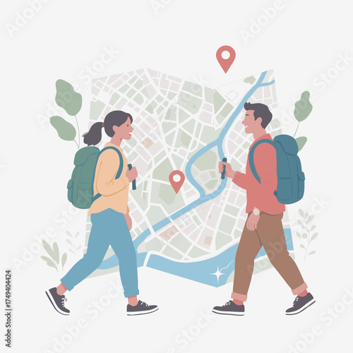 Two young travelers with backpacks walking and navigating with a map.
