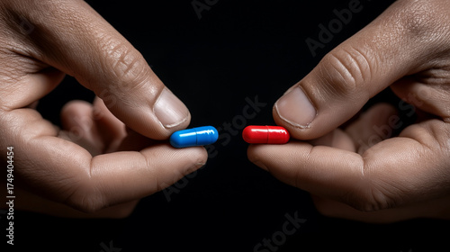 Two hands hold a red pill and a blue pill facing each other against a dark background. The image symbolizes a critical choice between opposing realities or paths