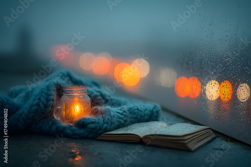 Cozy Autumn Evening with Candlelight and Book by Rainy Window