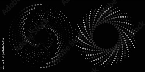 et of black thick halftone dotted speed lines. Speed lines in circle form. Geometric art. Design element for frame, logo, tattoo, web pages, prints, posters, template, abstract vector background.