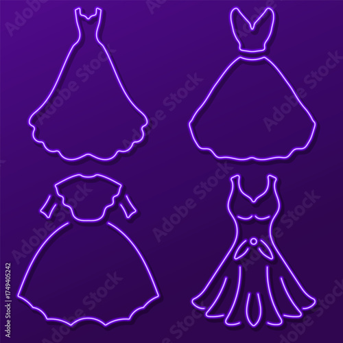 wedding dress group of neon icons, vector illustration.