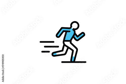 A blue stick figure running quickly across a white background silhouette