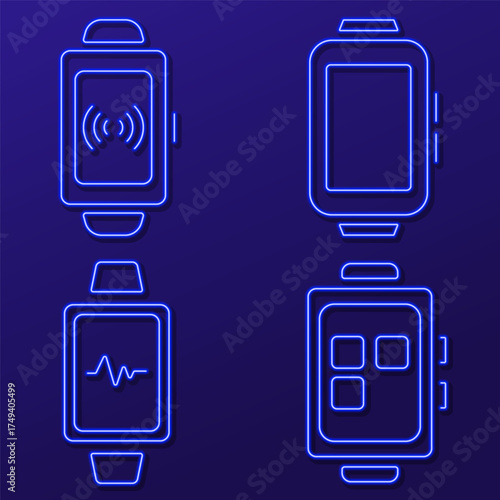 smart watch neon icon group, vector illustration.