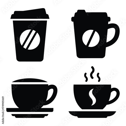 Set of four black silhouette coffee cups and mugs featuring different styles for beverage enjoyment and cafe branding silhouette