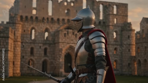 A knight in shining armor stands stoically in front of an ancient stone castle during sunset, casting a long shadow