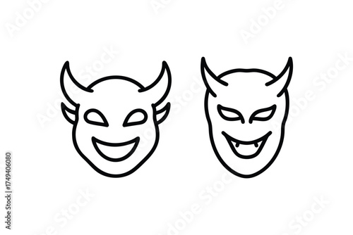 Two devil mask faces with horns and smiles a dark outline silhouette