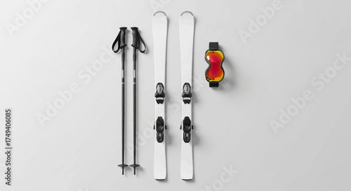 Minimalist Flat Lay Composition of White Skis with Black Poles and Goggles