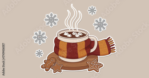 Cute Winter Illustration of Steaming Hot Chocolate Mug with Scarf and Cookies