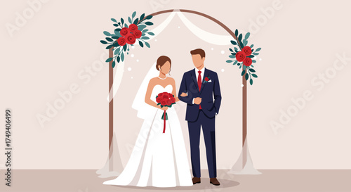 This flat design illustration portrays a beautiful bride and handsome groom standing elegantly under a decorative wedding arch, symbolizing their union. The scene captures a serene and modern wedding 