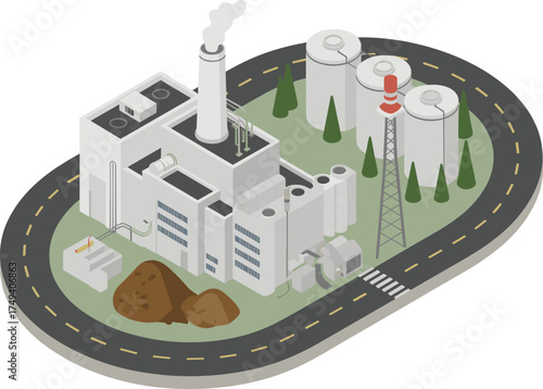 Isometric industrial factory with chimneys, fuel storage tanks, smoke emission, road surrounding plant, and green environment 3d illustration design