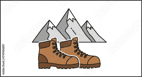 Hiking boots in front of mountains a pair of brown leather hiking boots with laces and a thick sole are placed