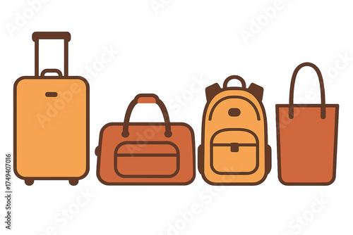 Collection of travel luggage, duffel bag, backpack, and tote bags in warm orange and brown colors