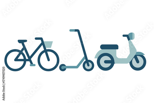 Modern city transport set featuring bicycle, stand-up scooter, and motor scooter