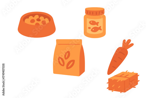 Collection of pet food, animal feed, supplements, carrot, and hay bale icons