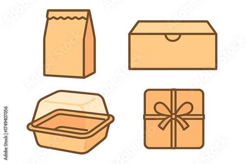 Retail and food service packaging assortment featuring a bag, box, takeout container, and gift
