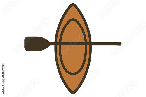 Minimalist overhead view of a brown canoe or kayak with a single paddle isolated on a white background