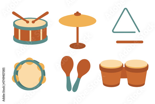 Colorful set of musical percussion instruments including drum cymbal tambourine maracas and triangle