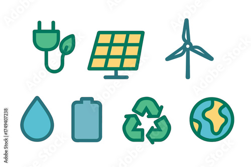 Colorful ecology and renewable energy symbols: solar panel, wind turbine, recycling