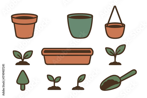 Essential set of garden elements featuring different flower pots, hanging planters, young plant sprouts, and a hand trowel
