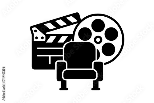 Clapperboard film reel and theater seat representing movie production