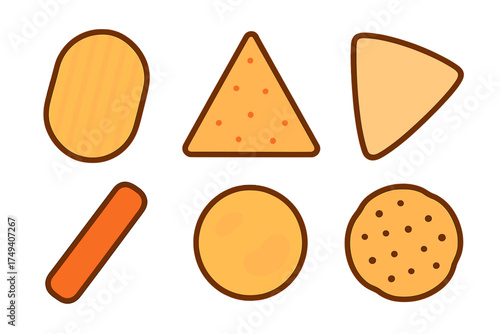 Assortment of crispy snack foods like potato chips tortilla chips and round crackers on white background