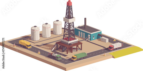 Isometric oil drilling rig with refinery plant, fuel storage tanks, industrial vehicles, desert landscape, and energy production low poly illustration