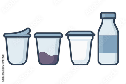 Collection of various dairy and beverage packaging containers including yogurt cups and a milk bottle