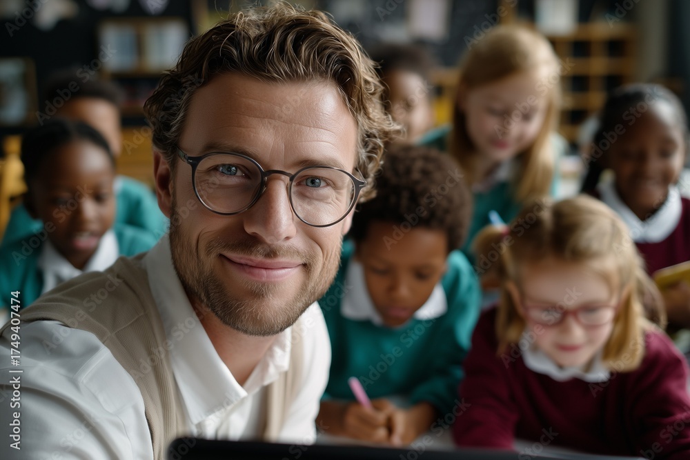 Obraz premium Confident male teacher smiling at camera surrounded by diverse happy students in classroom. Education, leadership, teamwork and back to school concept for commercial use.