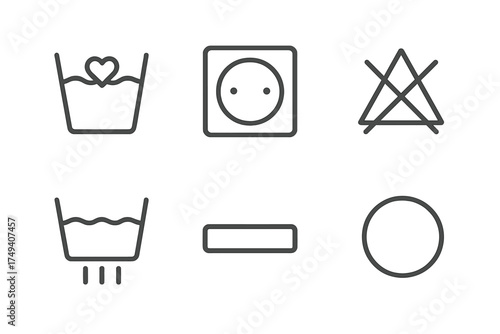 Outline icons set for laundry care instructions and electrical power outlet symbol