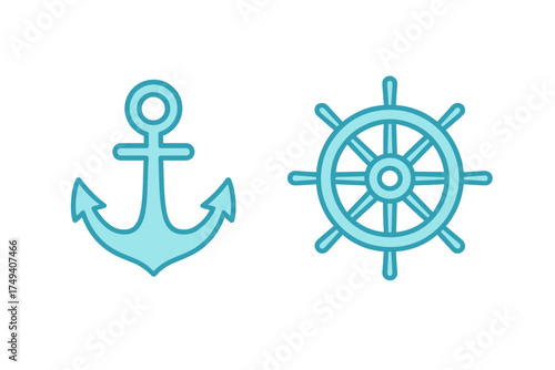 Set of nautical symbols featuring a marine anchor and a boat steering wheel icon in blue