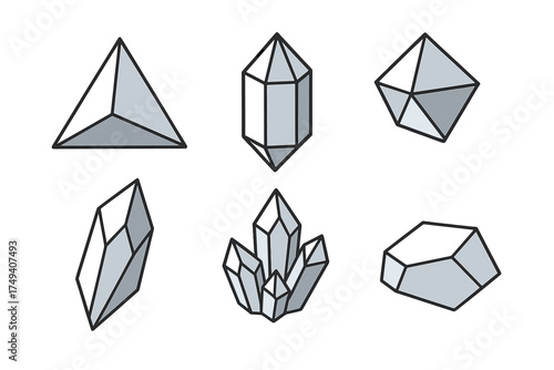 Collection of six stylized geometric crystal and mineral shapes rendered in gray tones