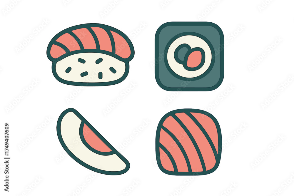 Fototapeta premium Set of four colorful stylized sushi icons including nigiri, maki roll, and sashimi pieces