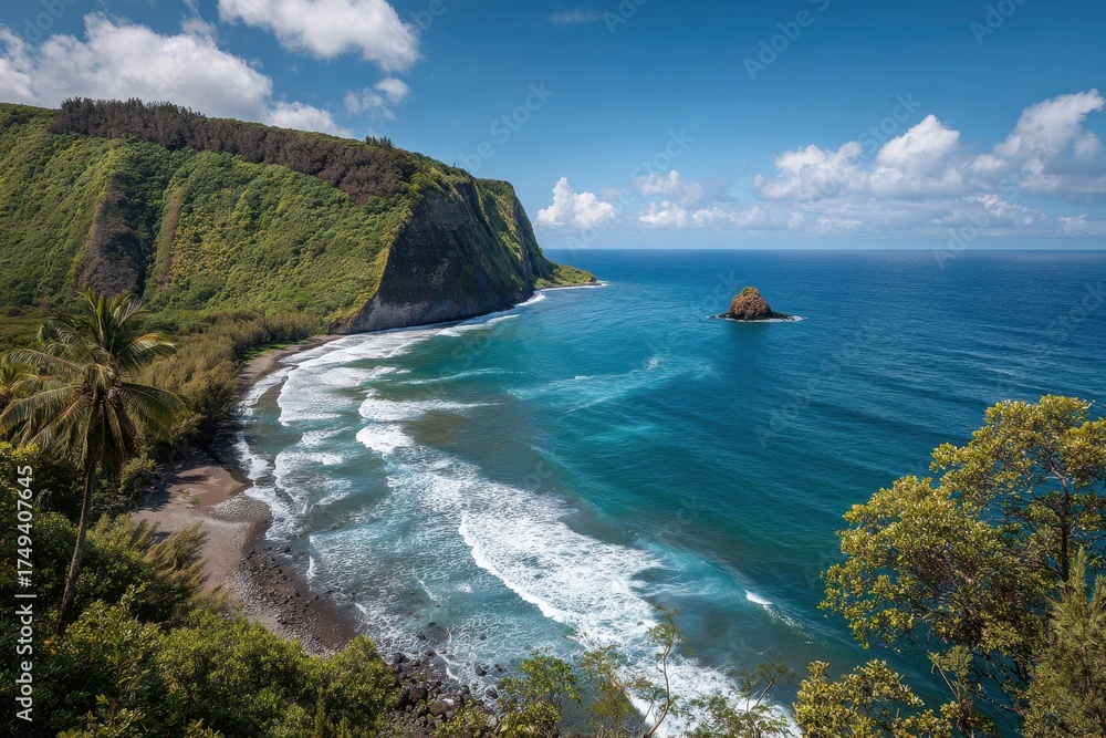 Naklejka premium Kohala, Big Island Hawaii. Color Image of Pololu Lookout Coastline on a Day, Nature Landscape with Pacific Ocean