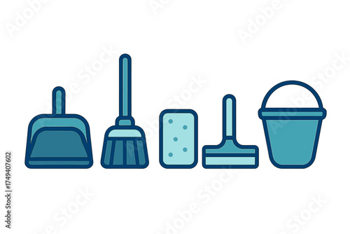 Collection of essential household cleaning equipment symbols including broom, sponge, and bucket