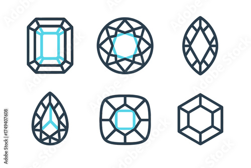 Set of outline icons showing faceted gemstone shapes including cushion, emerald, round, and pear cuts